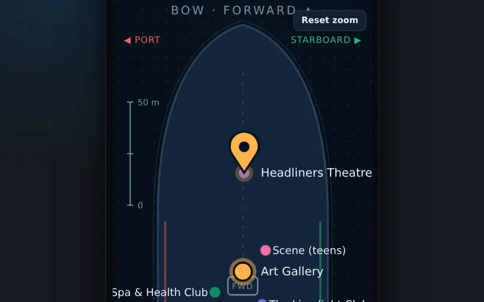 Aboard Map's deck plan of Iona's deck 6 on a phone, zoomed in on the bow, with a pin on the Headliners Theatre and a you-are-here dot at the Art Gallery