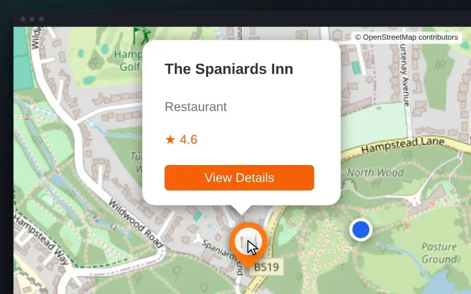 BarkLife's map by Hampstead Heath, with The Spaniards Inn's pop-up showing its 4.6 rating