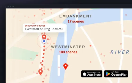 Cobble's map of Westminster and the Thames, a walk drawn in red dots from Westminster Abbey to Banqueting House, where a label names the story there: "Execution of King Charles I", with App Store and Google Play badges in the corner