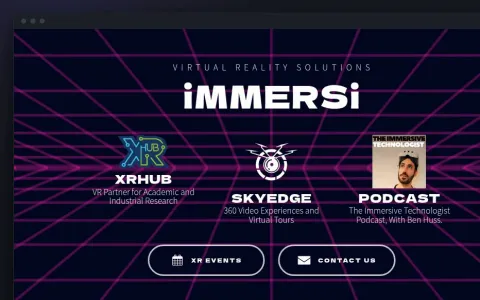immersi.co.uk: the Immersi wordmark over a moving violet grid, with XRHUB, SkyEdge and the podcast beneath it