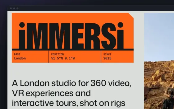 immersi.co.uk's orange iMMERSi tag, its figures fixed at Base London, Position 51.5°N 0.1°W, Since 2015, above "A London studio for 360 video, VR experiences and interactive tours"