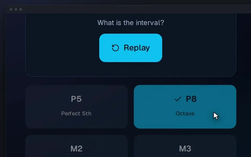 Pitchpath's interval quiz, with the octave chosen and marked correct